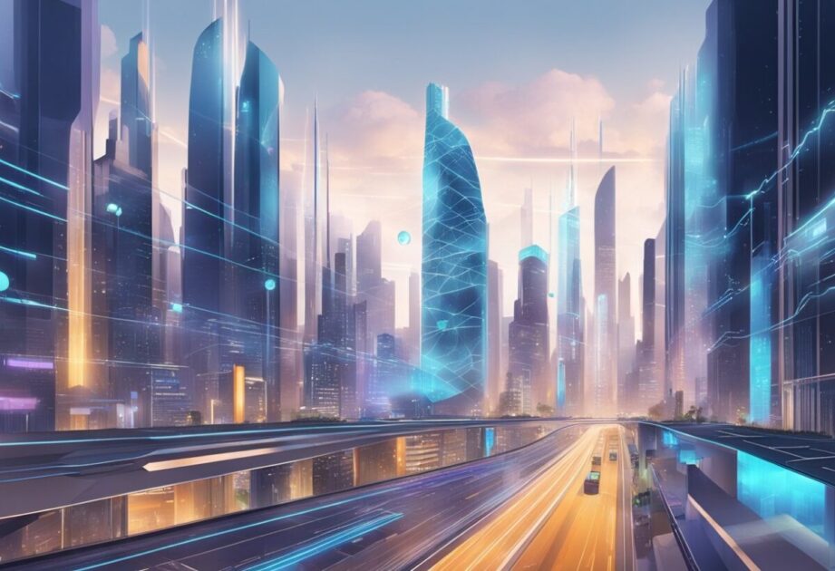 A futuristic city skyline with AI-driven businesses thriving. Advanced technology and data streams are visible, illustrating the adaptation of companies to the Gen AI revolution