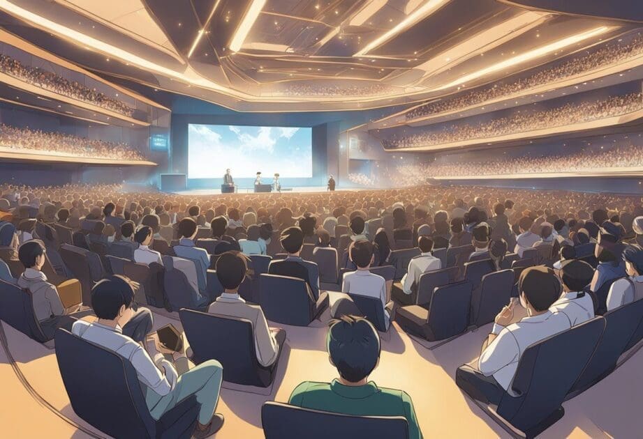 A crowded auditorium with a stage, projector, and audience eagerly listening to a speaker on the topic of "Creativity and Innovation: The Most Sought-After Lecture Themes in 2024."