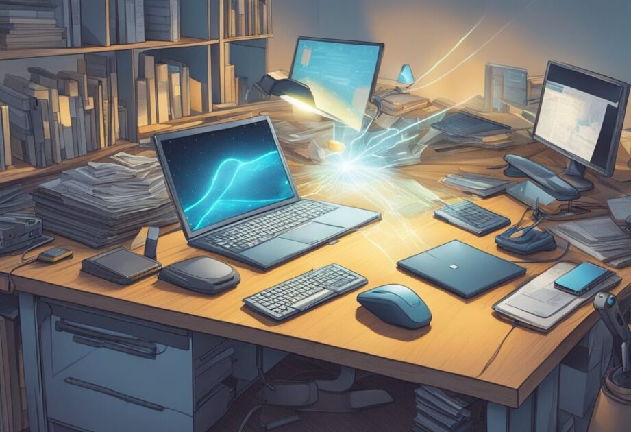 A glowing laser beam cuts through a cluttered desk, clearing a path of focus amidst technological distractions