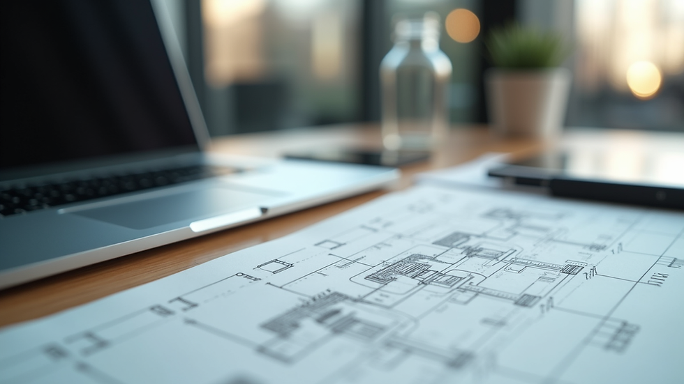 Close-up view of a modern office desk with a laptop and AI concept sketches