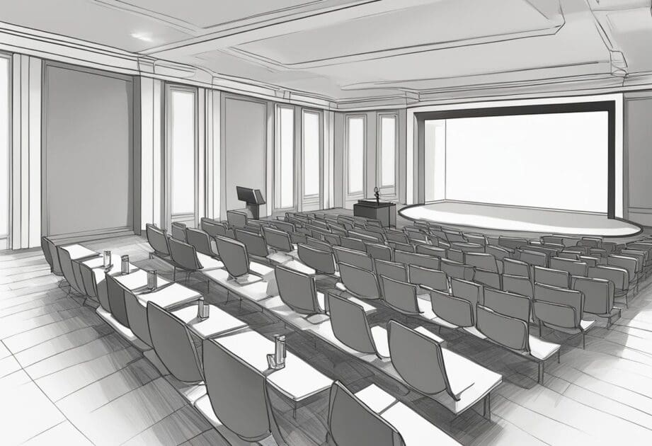 "Innovation lecture by Gustavo Caetano" - stage with projection screen, audience seating, and podium with microphone