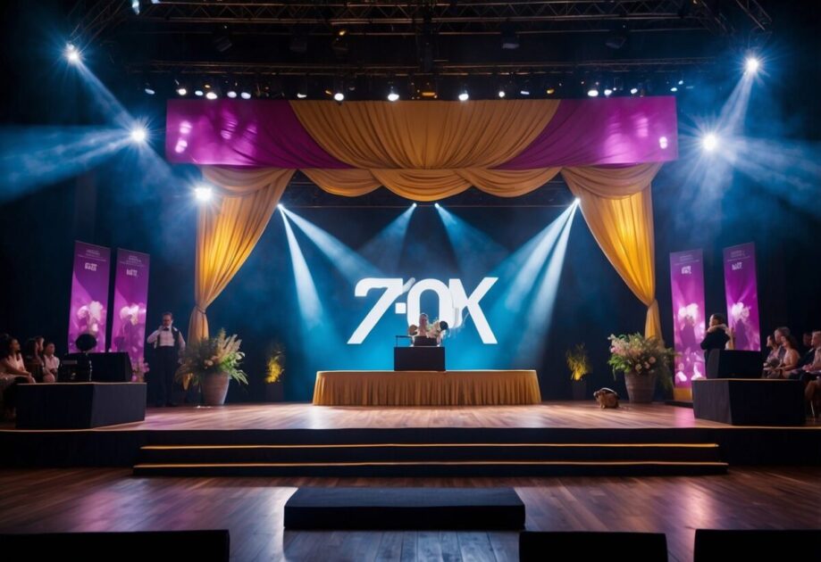 A stage adorned with vibrant banners and a podium, surrounded by an attentive audience. Bright lights illuminate the space, creating a sense of anticipation and inspiration