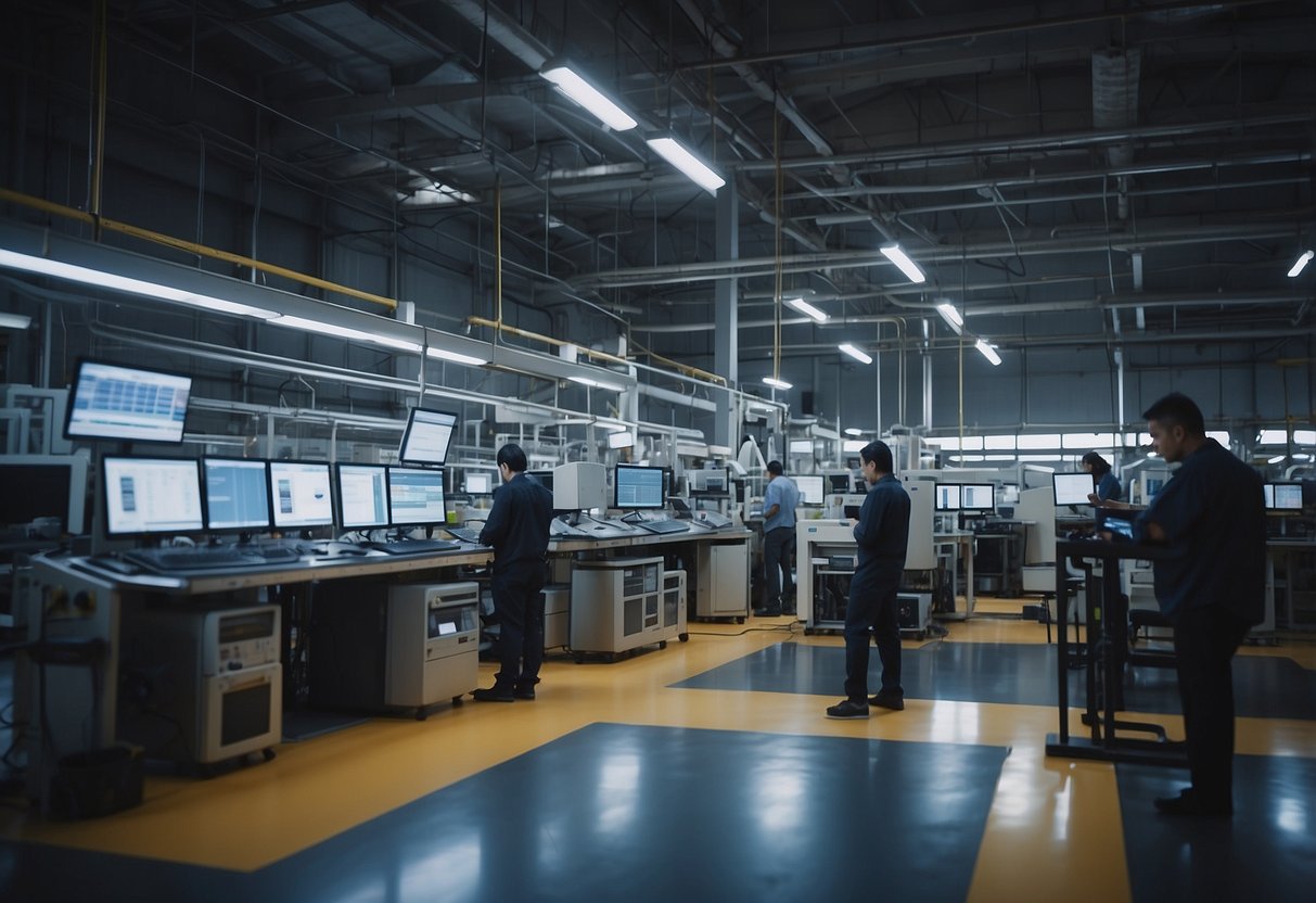 A factory floor with machinery connected to digital systems, workers using tablets to monitor production, and a network of sensors collecting data
