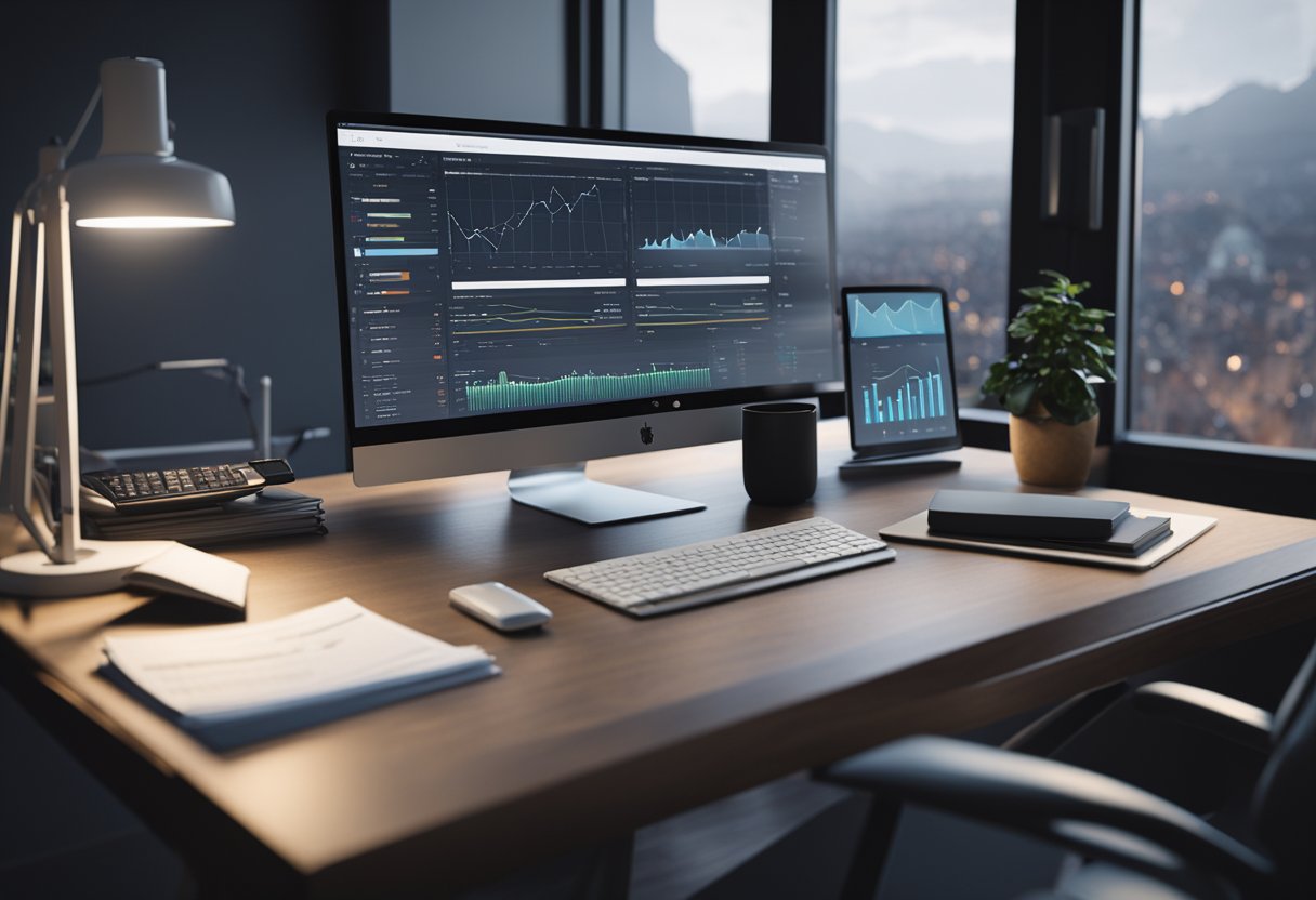 A desk with a computer, calculator, and financial reports. Graphs and charts showing ROI trends. A person analyzing data