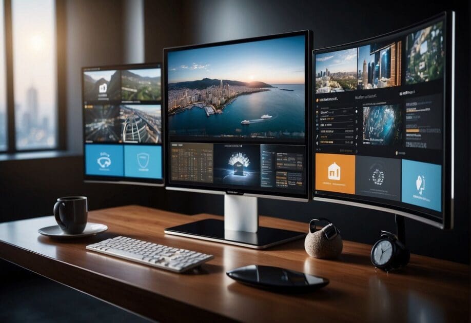 A table with various innovation frameworks and tech company logos displayed on a screen