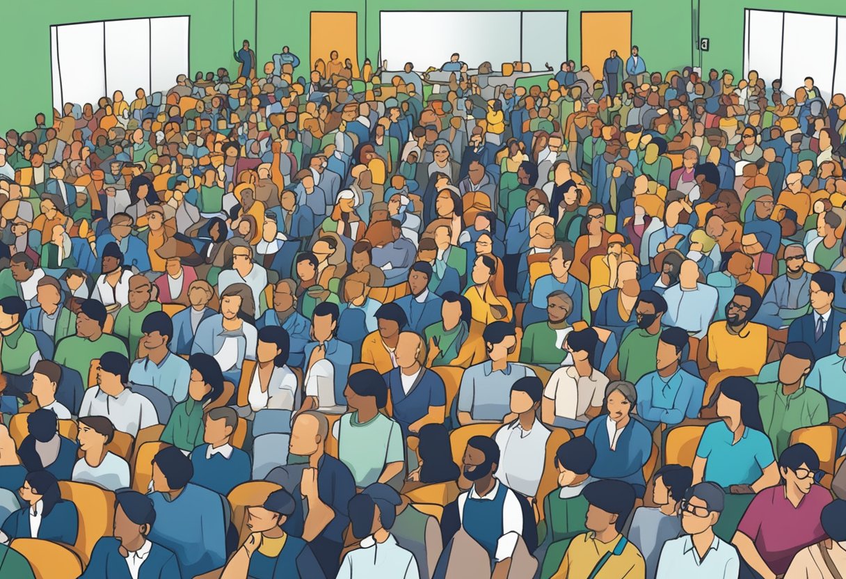 A bustling conference hall filled with eager attendees listening to dynamic speakers, including Gustavo Caetano, as the Brazilian speaking market continues to rise