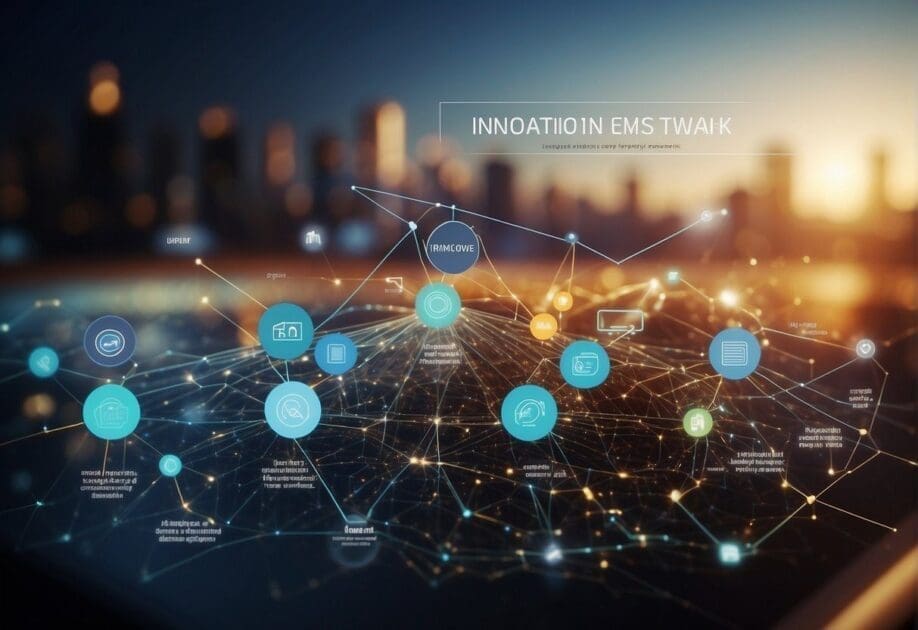 A dynamic tech company office with various innovation frameworks displayed on digital screens and whiteboards