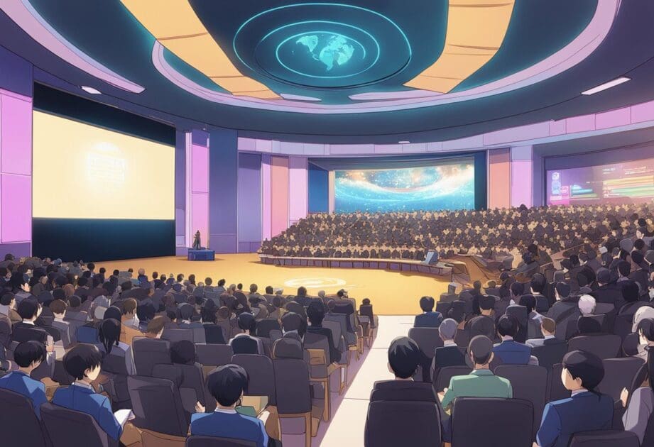 A crowded auditorium with a stage set for a lecture, with a large screen displaying the words "Leadership and Management: Most Sought-After Topics in 2024."