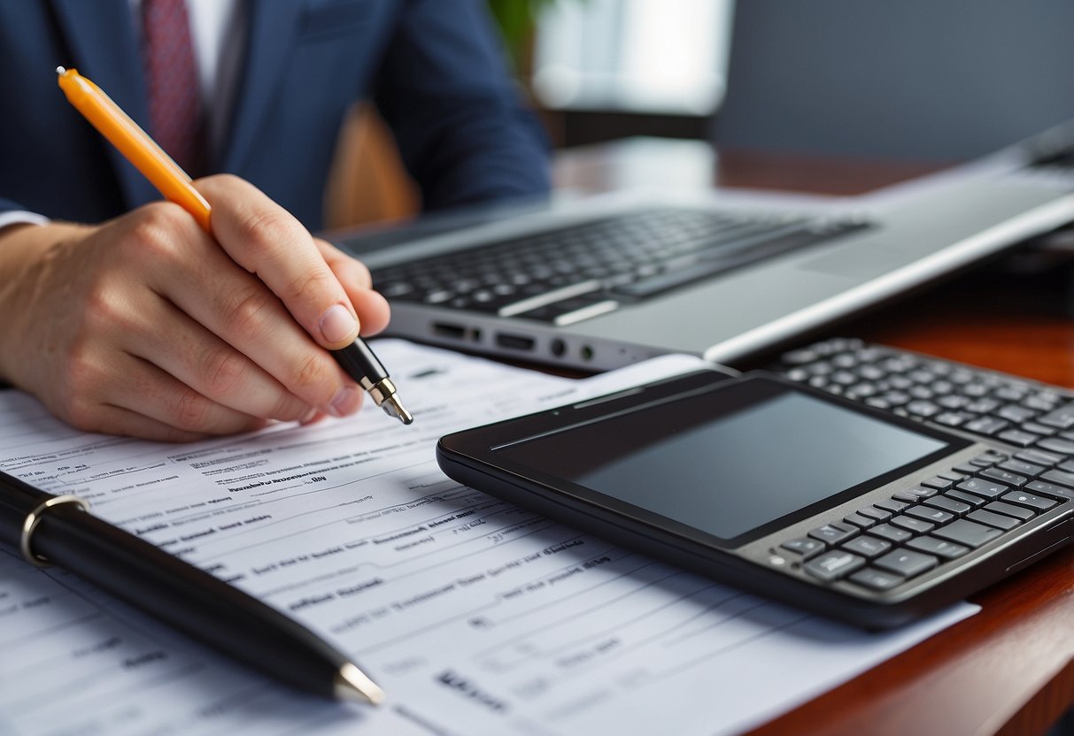 A corporate employee measuring innovation with a ruler and a magnifying glass on a desk with a laptop and documents
