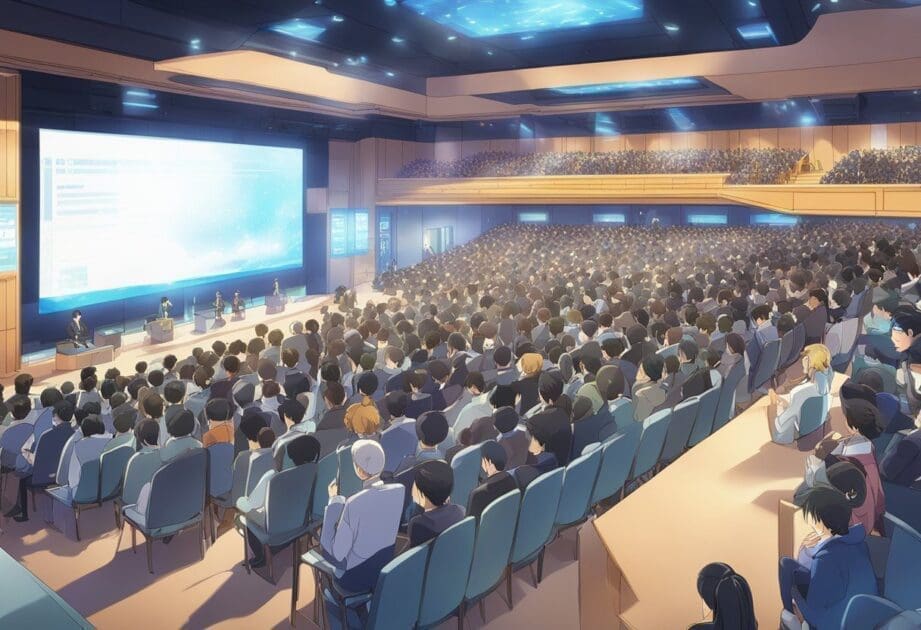 A crowded conference hall with a stage and a large screen displaying the question "What are the most sought-after lecture topics in 2024?"