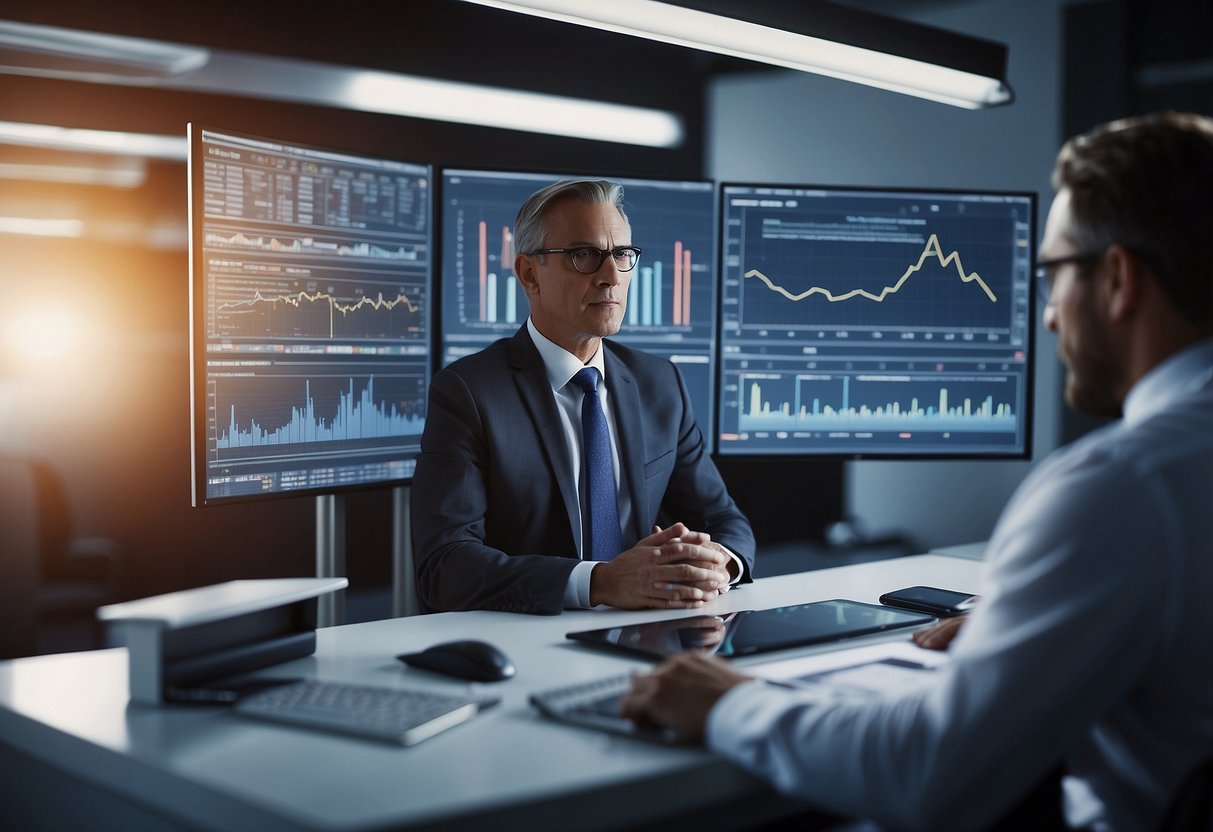 A CEO monitors key metrics for internal operations and processes. Data charts and graphs display performance indicators