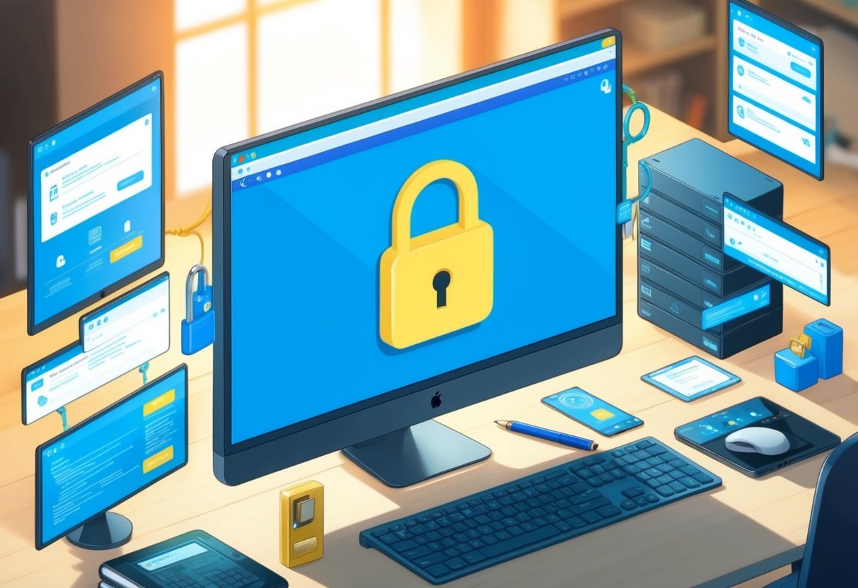 Uma tela de computador exibindo um site seguro com um ícone de cadeado, cercada por ferramentas e recursos de segurança