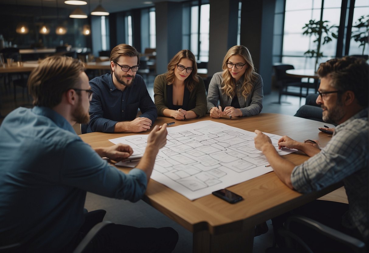 A group of innovators brainstorming ideas, sketching designs, and testing prototypes in a creative and collaborative environment