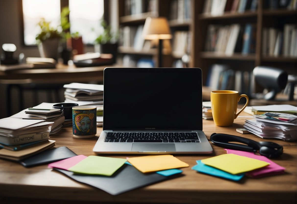 A cluttered desk with scattered papers, colorful sticky notes, and various art supplies. A laptop with a blank screen sits in the middle, surrounded by open books and a mug of coffee