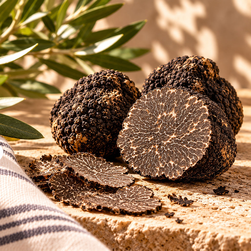 Fresh Black Truffle of Norcia (Tuber melanosporum), whole and cut open, displayed on a rustic wooden surface.