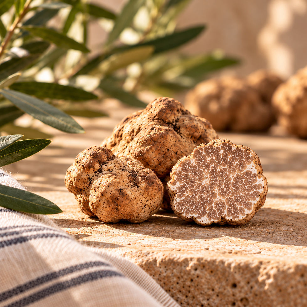 Fresh Italian Bianchetto spring white truffles, whole and sliced, displayed on a rustic stone surface with olive branches