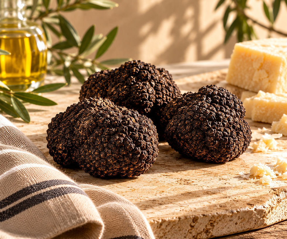 Fresh Italian Black Burgundy Truffles from Umbria on a rustic stone surface with olive branches and warm natural light.