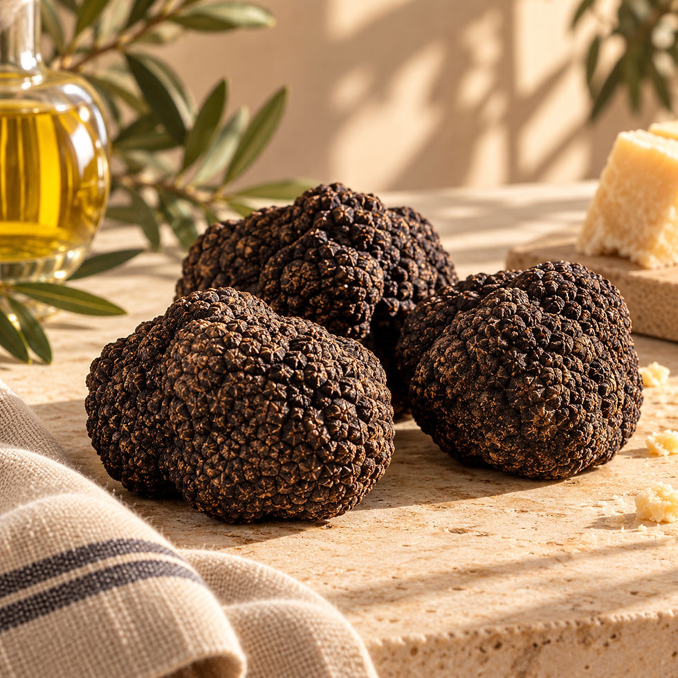 Three fresh Italian black summer truffles from Umbria on a cream stone countertop with olive oil and rustic linen