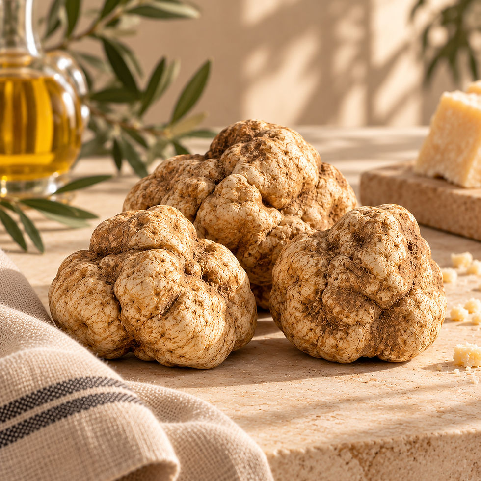 Three fresh Italian white truffles from Umbria on a cream stone countertop with olive oil and rustic linen