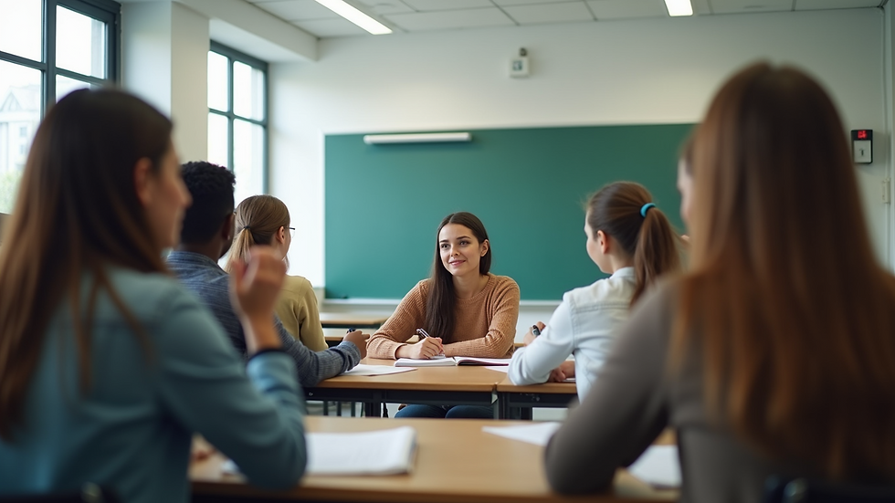 Eye-level view of a modern classroom with diverse students engaged in a group activity