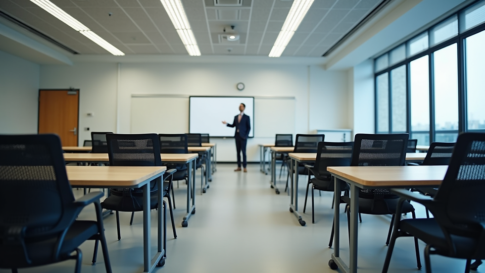 Wide angle view of a modern classroom with digital learning tools