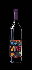 A bottle of wine with a colorful label. Black background. Cartoonish and colorful style.jpg