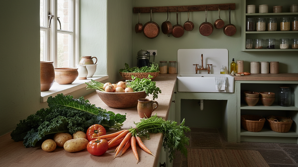 Eye-level view of a rustic kitchen with fresh vegetables on the counter