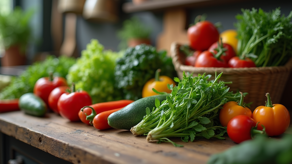 Close-up view of fresh local vegetables on a rustic kitchen counter