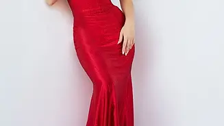 Jovani 23010 Red Embellished V Neck Prom Dress