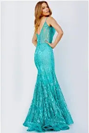 Jovani 22388 Aqua Embellished Plunging Neck Mermaid Prom Dress
