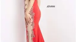 Jovani 07275 Red Sheer Side Embellished Prom Dress