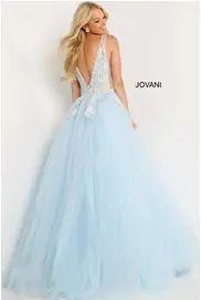 Jovani 06808 Light Blue Deep V Neck Floral Prom Ballgown