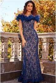 Jovani 06451 Ivory Lace Feather Neck Prom Gown