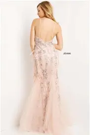 Jovani 07514 Blush Embroidered Feather Prom Dress