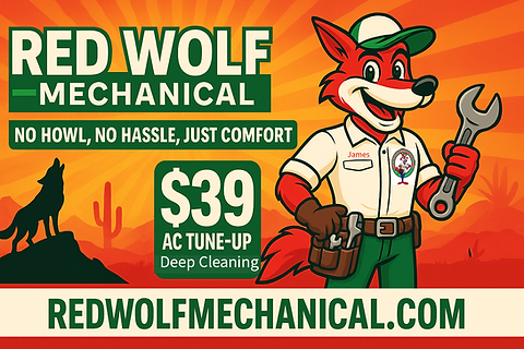 Red Wolf Mechanical $39 AC Tune-Up promo featuring cartoon wolf technician ‘James’ holding a wrench with the slogan ‘No Howl,