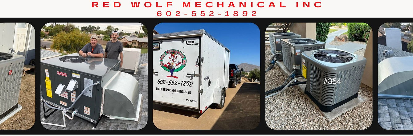 Red Wolf Mechanical techs, rooftop units, new condensers, and branded trailer in Phoenix, AZ.