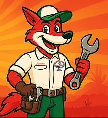 Red Wolf Mechanical mascot ‘James’ smiling and holding a wrench with a toolbelt, set against a bold orange desert sunrise bac