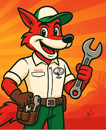 Red Wolf Mechanical mascot ‘James’ smiling and holding a wrench with a toolbelt, set against a bold orange desert sunrise bac