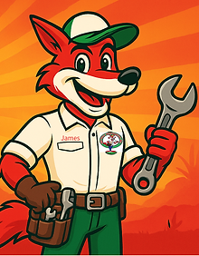 Red Wolf Mechanical mascot ‘James’ smiling and holding a wrench with a toolbelt, set against a bold orange desert sunrise bac