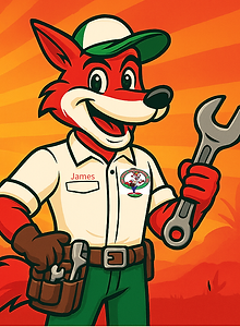 Red Wolf Mechanical mascot ‘James’ smiling and holding a wrench with a toolbelt, set against a bold orange desert sunrise bng