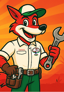 Red Wolf Mechanical mascot ‘James’ smiling and holding a wrench with a toolbelt, set against a bold orange desert sunrise bac