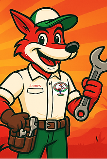 Red Wolf Mechanical mascot ‘James’ smiling and holding a wrench with a toolbelt, set against a bold orange desert sunrise bac