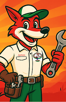 Red Wolf Mechanical mascot ‘James’ smiling and holding a wrench with a toolbelt, set against a bold orange desert sunrise bac