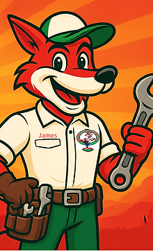 Red Wolf Mechanical mascot ‘James’ smiling and holding a wrench with a toolbelt, set against a bold orange desert sunrise bac
