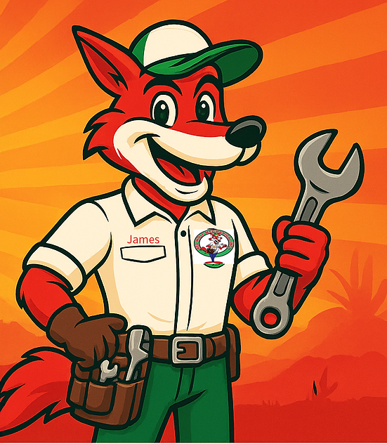 Red Wolf Mechanical mascot ‘James’ smiling and holding a wrench with a toolbelt, set against a bold orange desert sunrise bac