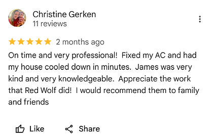 Glendale AC repair review – “On time and very professional!” | Red Wolf Mechanical 5-star feedback