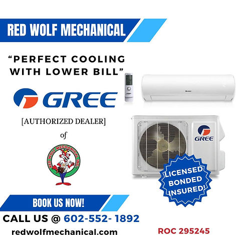 Red Wolf Mechanical GREE mini-split ad – licensed, bonded, insured HVAC dealer in Phoenix