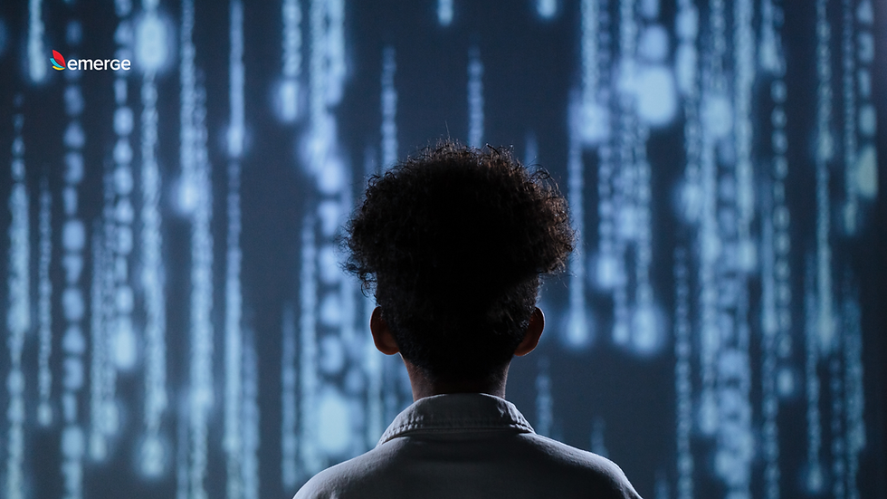 Person in a white shirt facing a digital screen with code-like patterns. "Emerge" text logo in the top left. Tech-focused atmosphere.