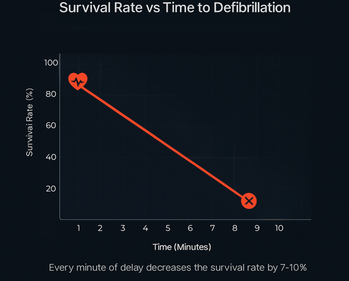 A graph titled 'Survival Rate vs Time to Defibrillation' shows that survival chances drop from approximately 90% to below 20% within 9 minutes after cardiac arrest. This powerful visualization stresses the importance of having CardiAngel AED devices accessible for immediate response. Every minute matters. Delaying defibrillation reduces survival by up to 10% per minute
