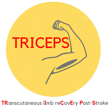 TRICEPS clinical trial logo for non-invasive tVNS research in post-stroke arm rehabilitation, featuring a stylized arm on a yellow background.